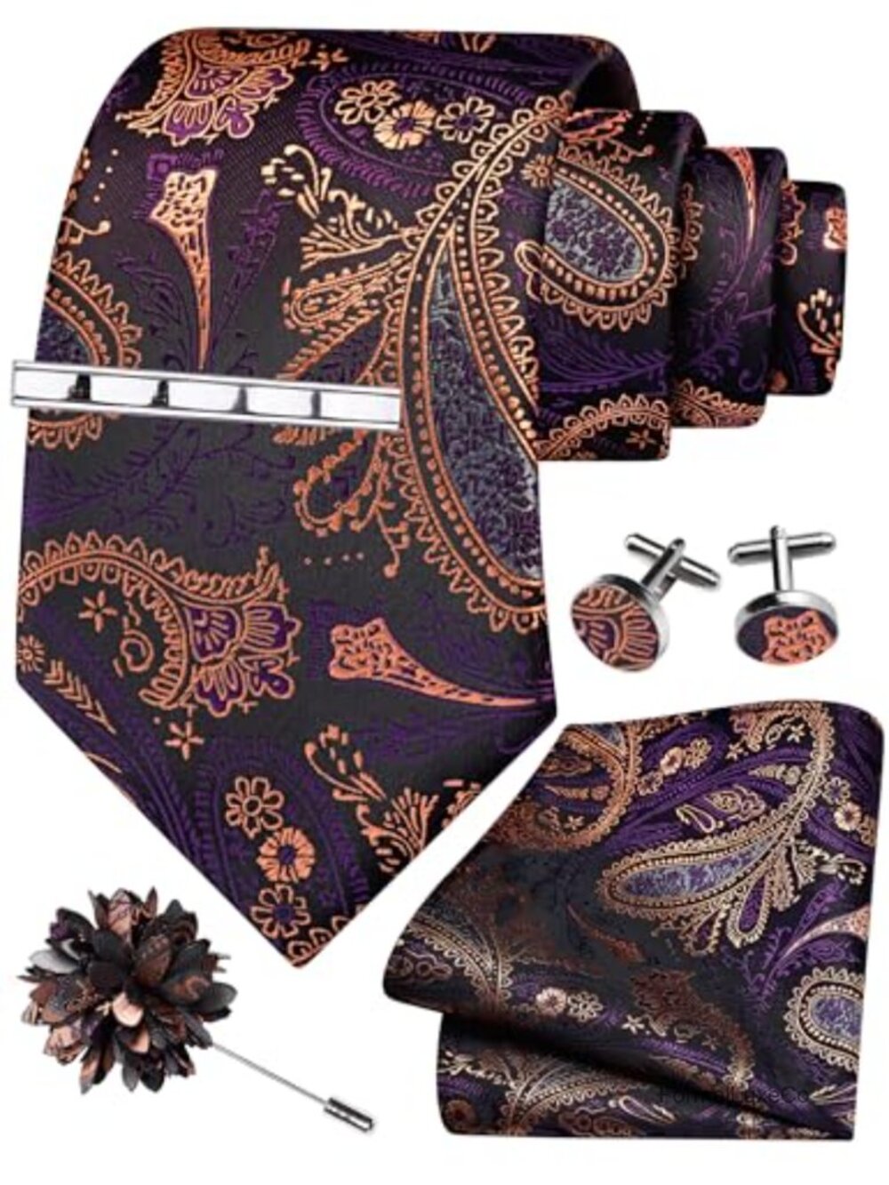 Men's Silk Blend Tie Set 5PC Necktie Pocket Square Cufflinks Clip